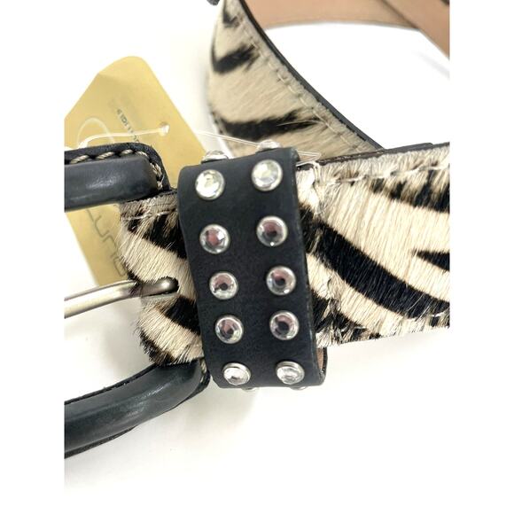 Alaluna Women\'s Black/White Calf Hair Leather Belt Rhinestone Loop Small/Medium